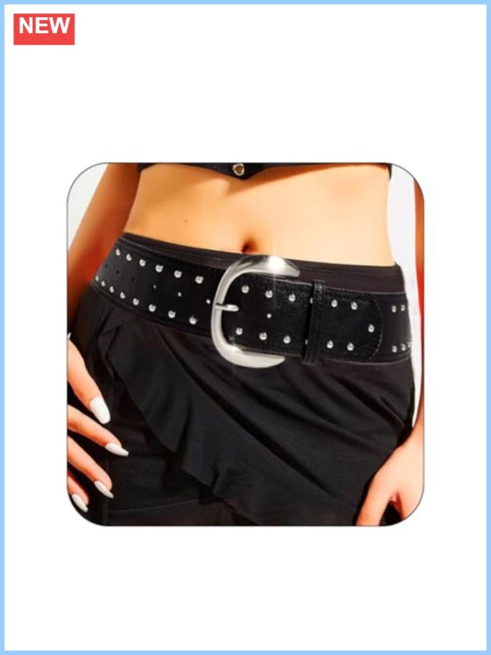 Women Chunky Studded Wide Belt PU Leather Alloy Buckle Punk Y2K
